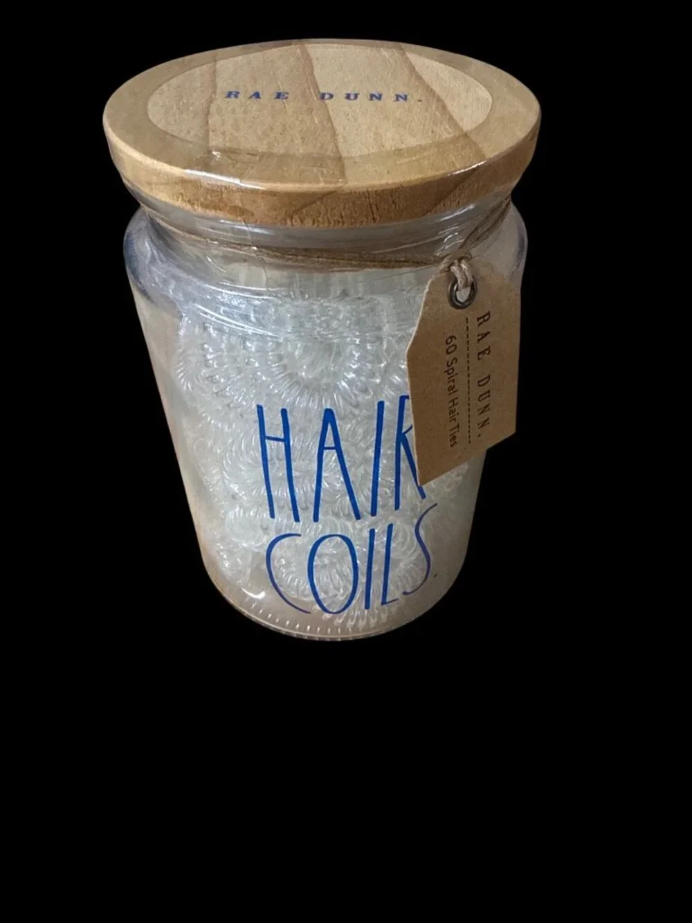 Rae Dunn “HAIR COILS” Glass Storage Jar w/ Wooden Lid Spiral Hair Tie Holder New